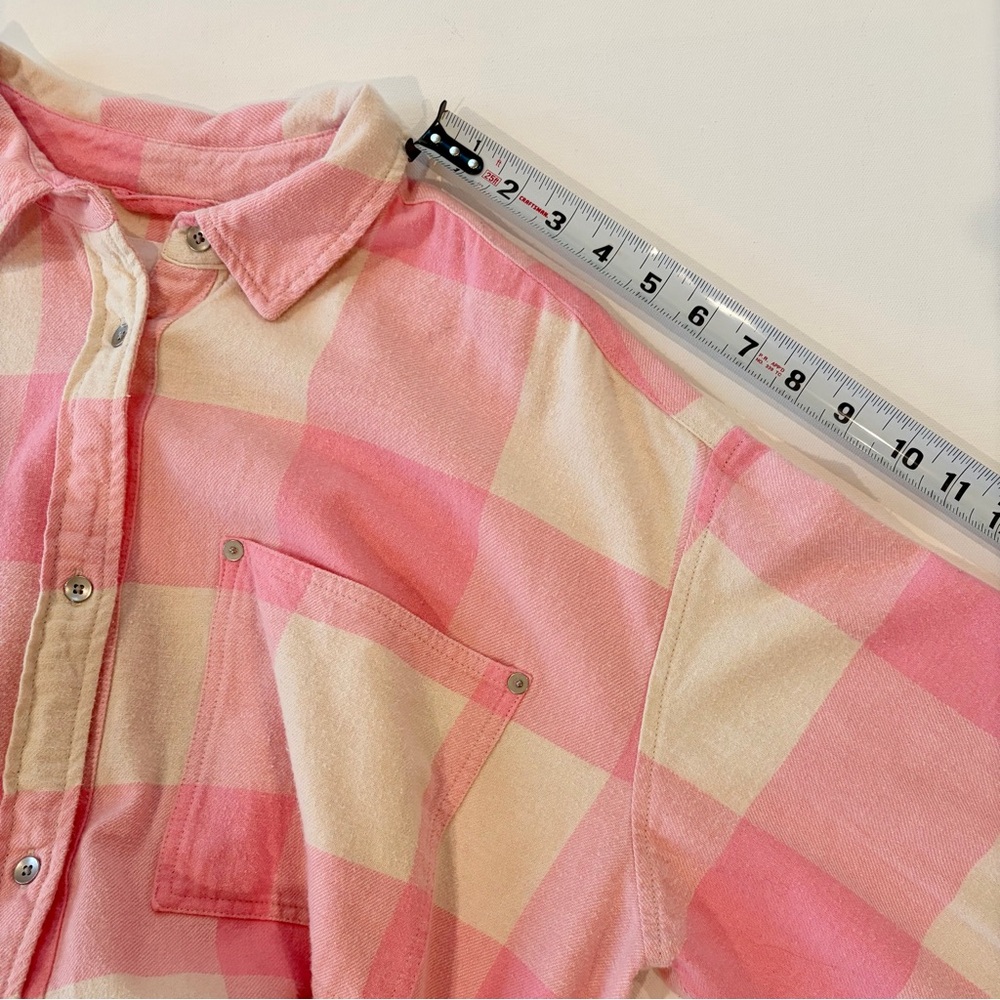 aerie Anytime Layering Oversized 100% Cotton Plaid Pink Cream Button Down - Picture 6 of 14